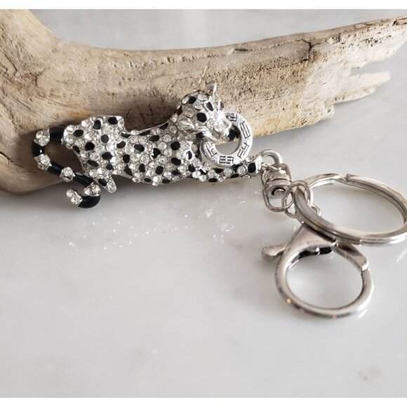 Vintage EFFY Rhinestone & Enamel Panther Silver Tone Key Chain/Purse Clip - Picture 1 of 8